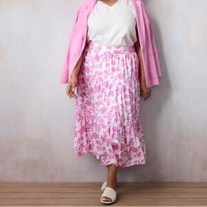 NWT Lauren Conrad Womens Plus Size 3X Tiered Midi Skirt Pink Floral Linen Blend
